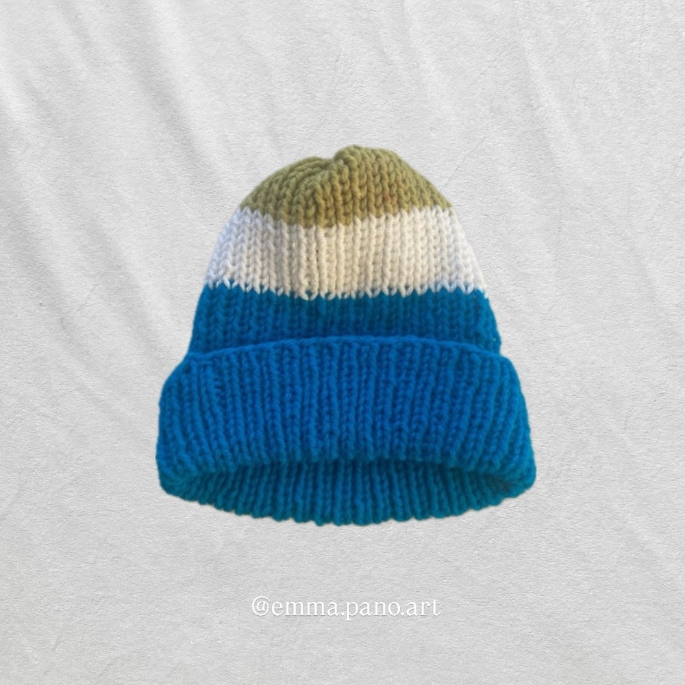 blue white green striped ribbed fisherman style beanie hat
